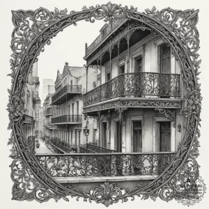 A detailed shot of ornate ironwork on a balco... - эскиз тату (№1755422040_0, 17.08.2025 09:14) — tattoo-photo.ru