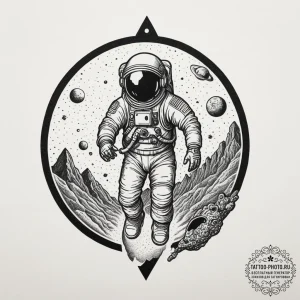 An astronaut discovering an alien artifact, i... - эскиз тату (№1755429774_0, 17.08.2025 11:22) — tattoo-photo.ru