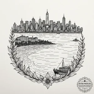 A ferry crossing a body of water with a city... - эскиз тату (№1755431168_0, 17.08.2025 11:46) — tattoo-photo.ru