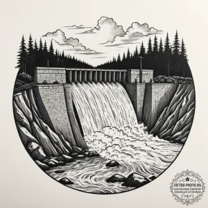 A shot of a hydroelectric dam, water powerful... - эскиз тату (№1755431966_0, 17.08.2025 11:59) — tattoo-photo.ru