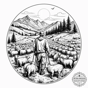 A shot of a shepherd guiding a flock of sheep... - эскиз тату (№1755435896_0, 17.08.2025 13:04) — tattoo-photo.ru