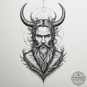 Tattoo sketch: veles, depicted with horns and... - эскиз тату (№1755441974_0, 17.08.2025 14:46) — tattoo-photo.ru