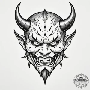 An oni mask cracking to reveal a human face,... - эскиз тату (№1755442758_0, 17.08.2025 14:59) — tattoo-photo.ru