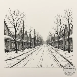 A quiet, snow-covered residential street in a... - эскиз тату (№1755444144_0, 17.08.2025 15:22) — tattoo-photo.ru
