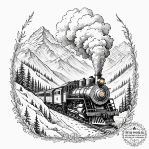 A powerful steam locomotive chugging through... - эскиз тату (№1755444354_0, 17.08.2025 15:25) — tattoo-photo.ru