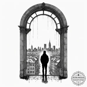 A silhouette of a person standing in a large,... - эскиз тату (№1755450638_0, 17.08.2025 17:10) — tattoo-photo.ru