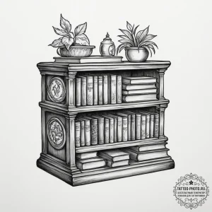 Tattoo sketch a bookshelf filled with cherish... - эскиз тату (№1755459098_0, 17.08.2025 19:31) — tattoo-photo.ru