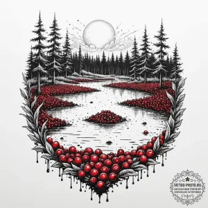 A shot of a cranberry bog during harvest., co... - эскиз тату (№1755463695_0, 17.08.2025 20:48) — tattoo-photo.ru