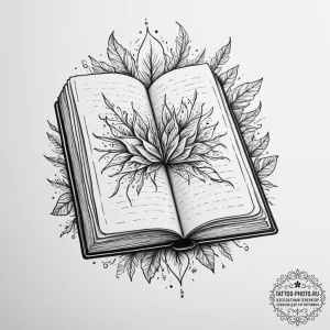 Tattoo design an open spellbook with glowing... - эскиз тату (№1755463905_0, 17.08.2025 20:51) — tattoo-photo.ru