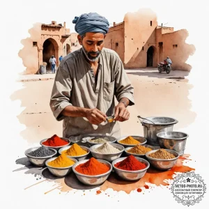 A photo of a street vendor in marrakech, arra... - эскиз тату (№1755466085_0, 17.08.2025 21:28) — tattoo-photo.ru