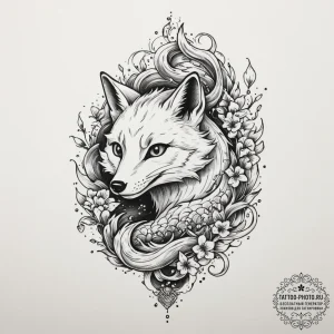 Tattoo sketch a mischievous fox's tail peekin... - эскиз тату (№1755469823_0, 17.08.2025 22:30) — tattoo-photo.ru