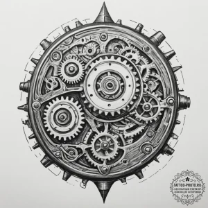 A close-up of a vintage watch movement, gears... - эскиз тату (№1755470216_0, 17.08.2025 22:36) — tattoo-photo.ru