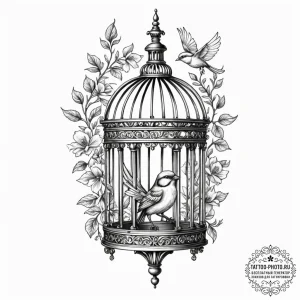 Tattoo design a small, ornate birdcage with i... - эскиз тату (№1755473356_0, 17.08.2025 23:29) — tattoo-photo.ru