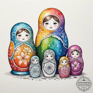 Tattoo sketch a set of nesting dolls, each re... - эскиз тату (№1755474713_0, 17.08.2025 23:51) — tattoo-photo.ru