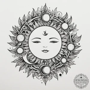 Tattoo sketch a sun and moon intertwined with... - эскиз тату (№1755476264_0, 18.08.2025 00:17) — tattoo-photo.ru