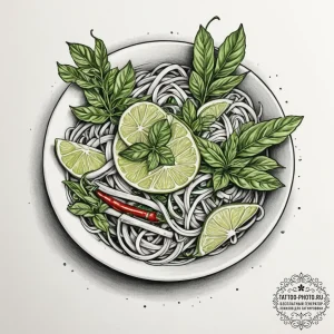 A vibrant bowl of pho, with fresh herbs, lime... - эскиз тату (№1755480143_0, 18.08.2025 01:22) — tattoo-photo.ru