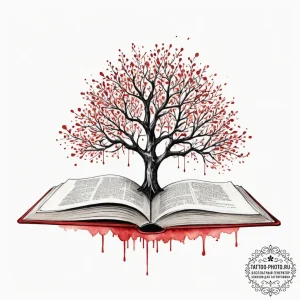 A tree growing out of an open book, ink illus... - эскиз тату (№1755482532_0, 18.08.2025 02:02) — tattoo-photo.ru