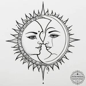 Tattoo sketch a minimalist sun and moon, half... - эскиз тату (№1755482734_0, 18.08.2025 02:05) — tattoo-photo.ru