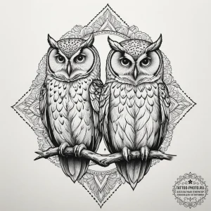 Tattoo sketch a pair of owls, symbolizing wis... - эскиз тату (№1755482932_0, 18.08.2025 02:08) — tattoo-photo.ru