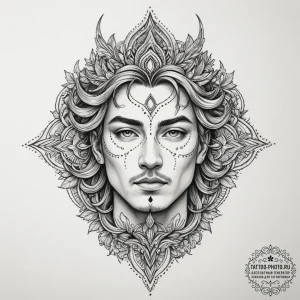 Tattoo sketch: a portrait of dazhbog, his fac... - эскиз тату (№1755483740_0, 18.08.2025 02:22) — tattoo-photo.ru