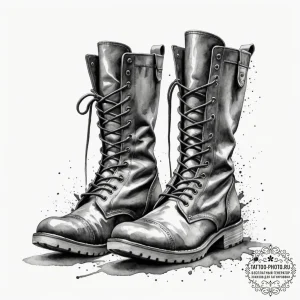 Tattoo design a pair of combat boots, scuffed... - эскиз тату (№1755485947_0, 18.08.2025 02:59) — tattoo-photo.ru