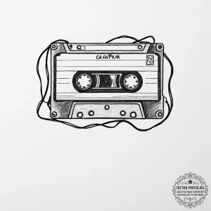 A retro cassette tape unspooling - эскиз тату (№1755486546_0, 18.08.2025 03:09) — tattoo-photo.ru