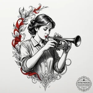Tattoo design a lone bugle playing taps in a... - эскиз тату (№1755490956_0, 18.08.2025 04:22) — tattoo-photo.ru
