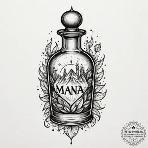 Tattoo sketch a potion bottle labeled "mana"... - эскиз тату (№1755491556_0, 18.08.2025 04:32) — tattoo-photo.ru