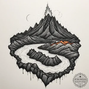 Tattoo sketch a volcanic landscape with glowi... - эскиз тату (№1755491961_0, 18.08.2025 04:39) — tattoo-photo.ru
