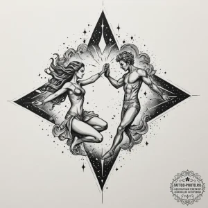Tattoo design a "celestial dance" of two figu... - эскиз тату (№1755492757_0, 18.08.2025 04:52) — tattoo-photo.ru