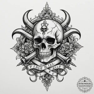 Tattoo sketch a "first kill" icon with a skul... - эскиз тату (№1755493158_0, 18.08.2025 04:59) — tattoo-photo.ru