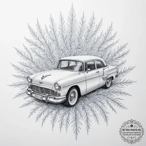 The intricate patterns of frost on a car wind... - эскиз тату (№1755495744_0, 18.08.2025 05:42) — tattoo-photo.ru