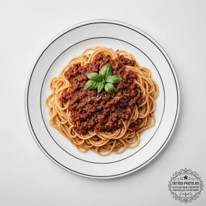 A messy, half-eaten plate of spaghetti bologn... - эскиз тату (№1755499128_0, 18.08.2025 06:38) — tattoo-photo.ru