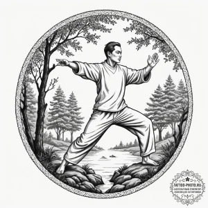 A person practicing tai chi in a tranquil par... - эскиз тату (№1755501130_0, 18.08.2025 07:12) — tattoo-photo.ru