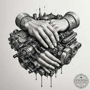 A person's hands covered in grease, working o... - эскиз тату (№1755505927_0, 18.08.2025 08:32) — tattoo-photo.ru