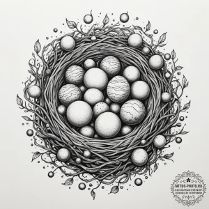 A bird's nest holding planets instead of eggs... - эскиз тату (№1755508144_0, 18.08.2025 09:09) — tattoo-photo.ru