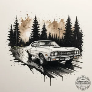 A car driving on a wet road at night, headlig... - эскиз тату (№1755509989_0, 18.08.2025 09:39) — tattoo-photo.ru