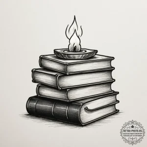 A stack of old books with a lit candle on top... - эскиз тату (№1755510585_0, 18.08.2025 09:49) — tattoo-photo.ru