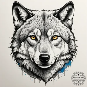 The intense, focused gaze of a wolf in a snow... - эскиз тату (№1755510784_0, 18.08.2025 09:53) — tattoo-photo.ru