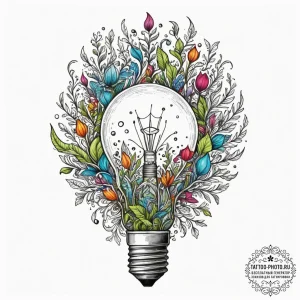 A lightbulb containing a tiny ecosystem, ink... - эскиз тату (№1755511575_0, 18.08.2025 10:06) — tattoo-photo.ru