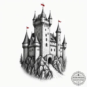 Medieval castle siege, ink illustration for t... - эскиз тату (№1755513763_0, 18.08.2025 10:42) — tattoo-photo.ru