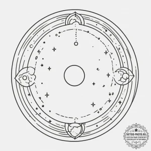 Tattoo design a circle enclosing a celestial... - эскиз тату (№1755515151_0, 18.08.2025 11:05) — tattoo-photo.ru