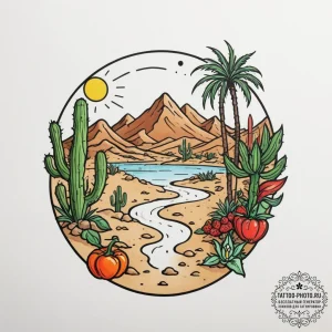 A shot of a desert oasis., tattoo flash sheet... - эскиз тату (№1755516953_0, 18.08.2025 11:35) — tattoo-photo.ru