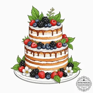 A beautiful, multi-layered cake decorated wit... - эскиз тату (№1755538588_0, 18.08.2025 17:36) — tattoo-photo.ru