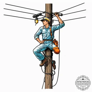 A power line technician working high up on a... - эскиз тату (№1755539149_0, 18.08.2025 17:45) — tattoo-photo.ru