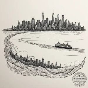 A ferry crossing a body of water with a city... - эскиз тату (№1755539738_0, 18.08.2025 17:55) — tattoo-photo.ru