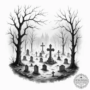 A graveyard scene with fog - эскиз тату (№1755543068_0, 18.08.2025 18:51) — tattoo-photo.ru