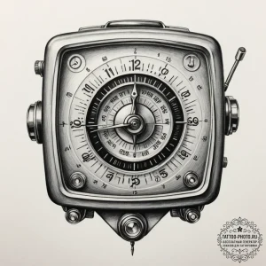 A close-up of a vintage radio dial., tattoo s... - эскиз тату (№1755546233_0, 18.08.2025 19:43) — tattoo-photo.ru