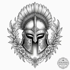 A roman centurion helmet with battle damage,... - эскиз тату (№1755550202_0, 18.08.2025 20:50) — tattoo-photo.ru