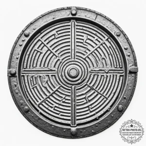 A detailed shot of a manhole cover on a wet c... - эскиз тату (№1755551980_0, 18.08.2025 21:19) — tattoo-photo.ru